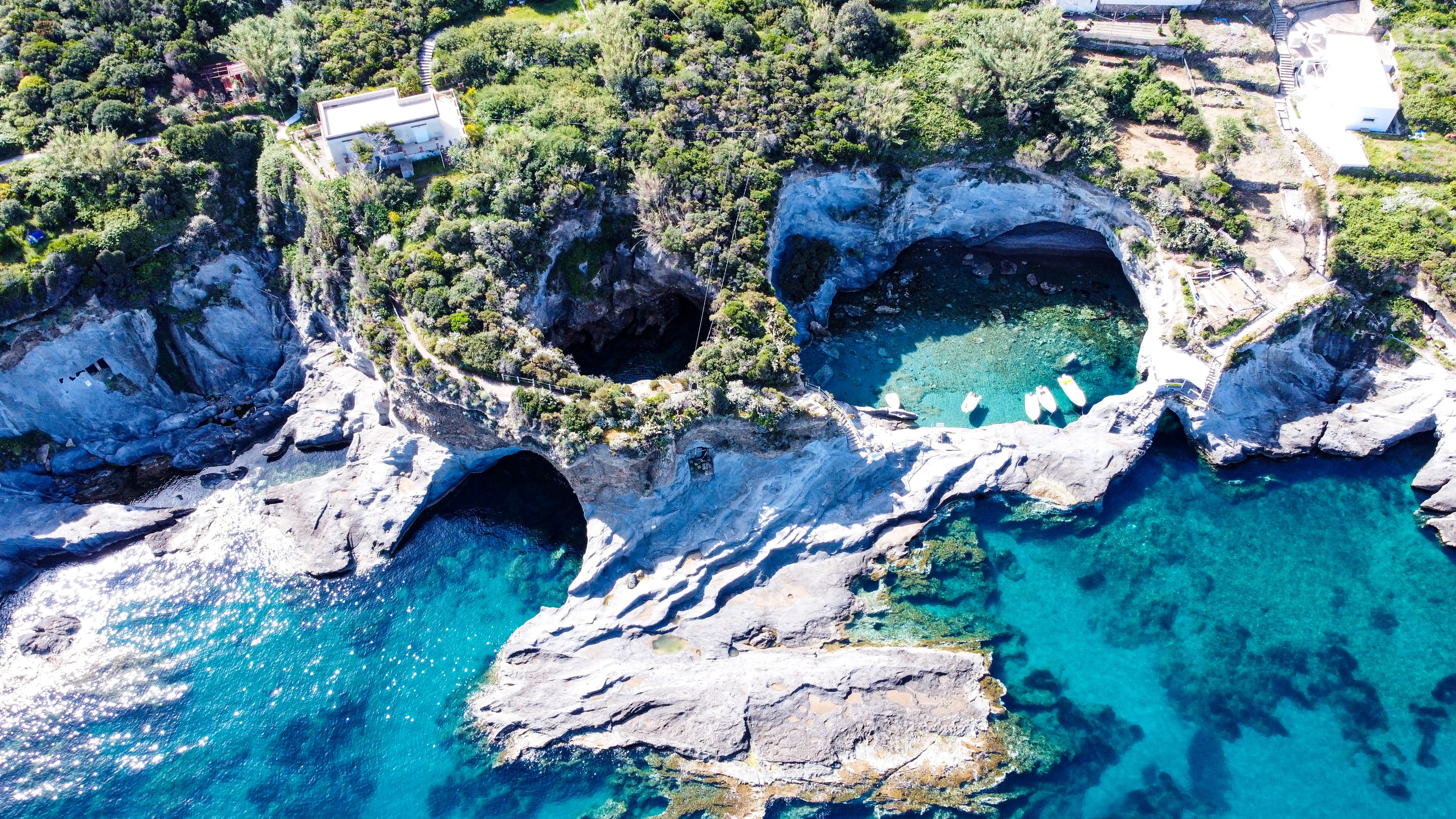 Ponza Island coastline — boats anchored in a turquoise cove